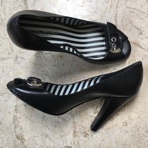 Black Leather Open Toe Pump BCBGirls High Heel